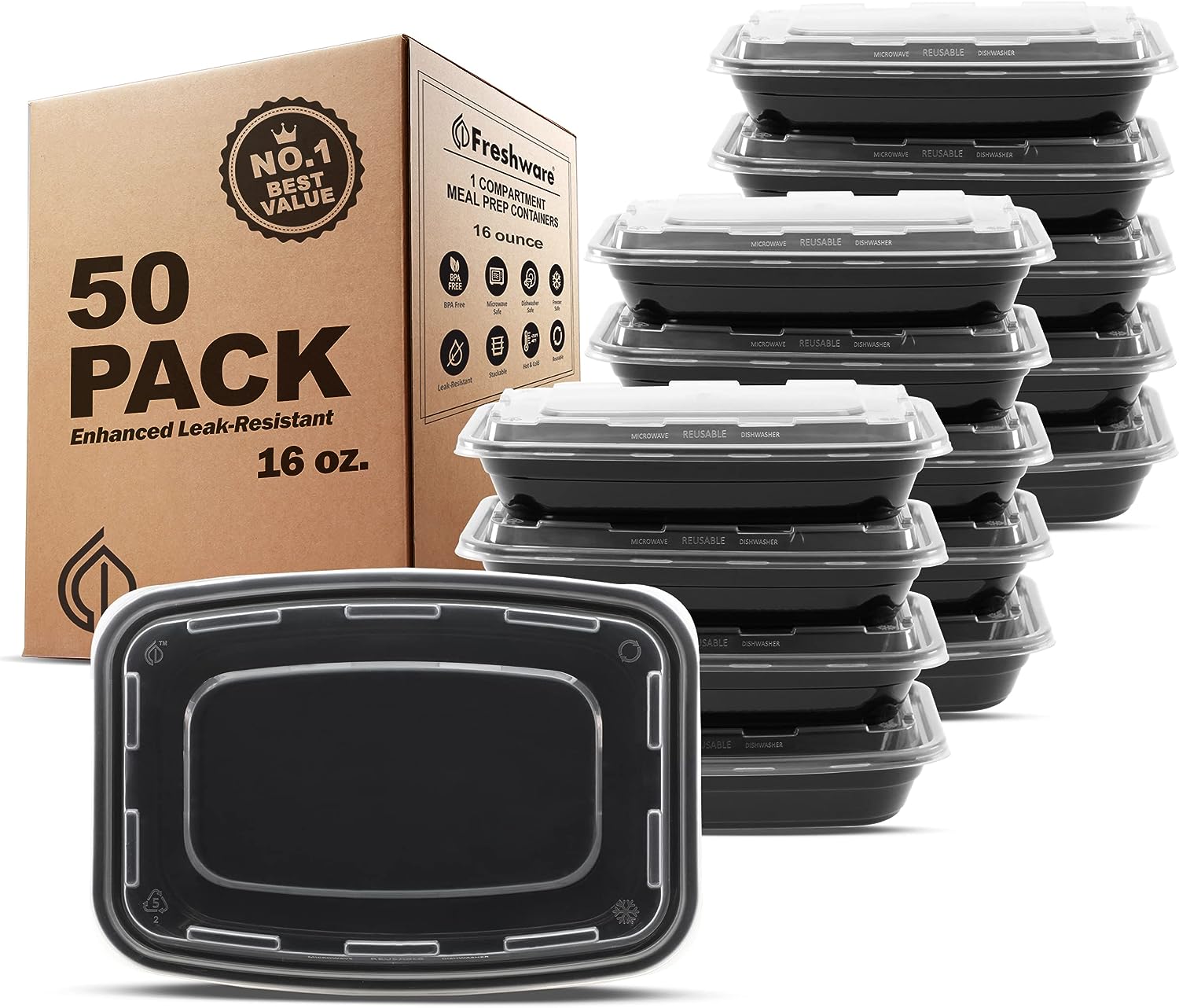 Limited-time deal: Freshware Meal Prep Containers [50 Pack] 1 Compartment Food Storage Containers with Lids, Bento Box, BPA Free, Stackable, Microwave/Dishwasher/Freezer  - $12.46