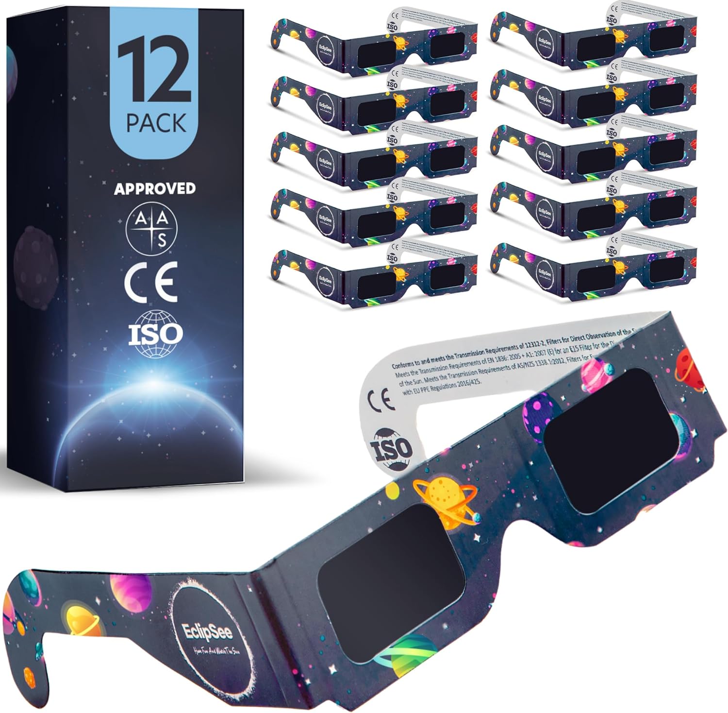Limited-time deal: Eclipsee Solar Eclipse Glasses Approved 2024 (12 PACK) AAS, CE and ISO Certified, Safe Shades for Direct Sun Viewing - $7.00