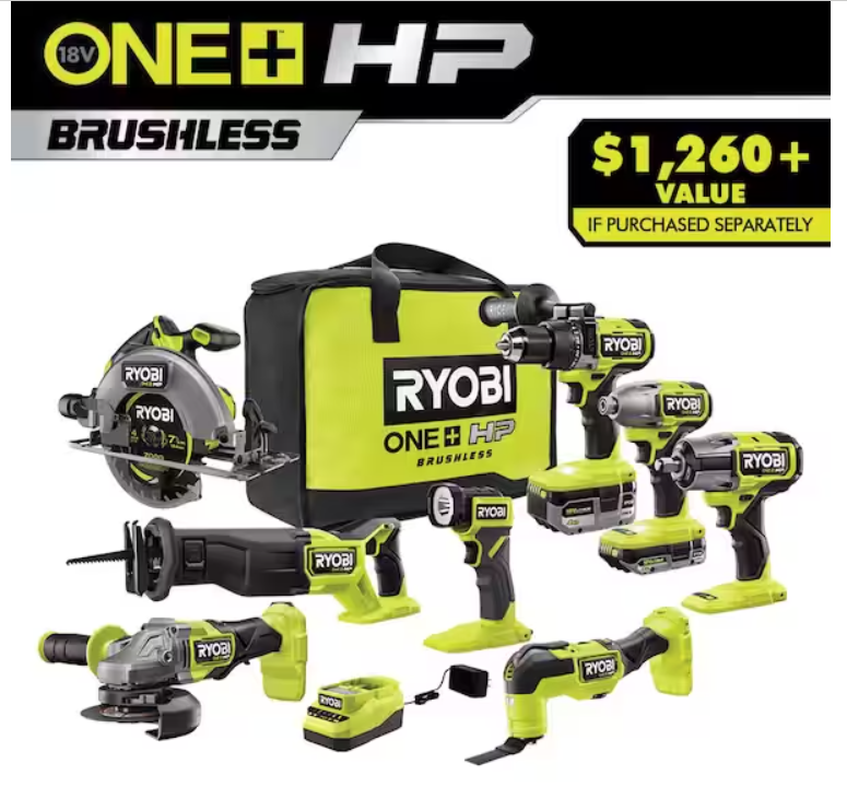 ONE+ HP 18V Brushless Cordless 8-Tool Combo Kit with 4.0 Ah and 2.0 Ah HIGH PERFORMANCE Batteries, Charger, and Bag $549