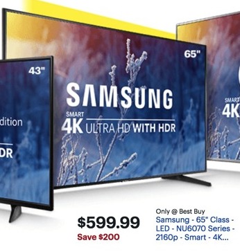 Best Buy Black Friday: 65&quot; Samsung UN65NU6070FXZA 2160p 4K Smart UHD TV for $599.99 - www.cinemas93.org