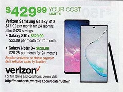 Costco Wholesale Black Friday: Samsung Galaxy S10 w/ Verizon Activation for $429.99