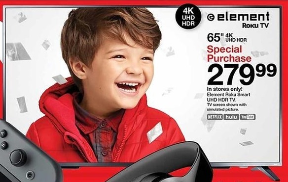 Target Black Friday: 65" Element E4ST6519RKU Roku Smart 4K UHD TV for $279.99