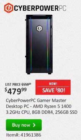 TigerDirect Black Friday: CyberPowerPC Gamer Master Desktop: AMD Ryzen 5, 8GB RAM, 256GB SSD, Win 10 for $479.99