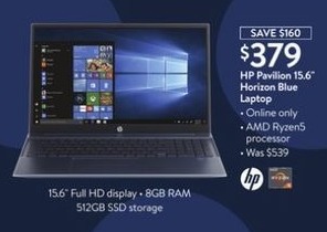 Walmart Black Friday: HP Pavilion 15.6" Laptop: AMD Ryzen 5, 8GB RAM, 512GB SSD, Win 10 for $379.00