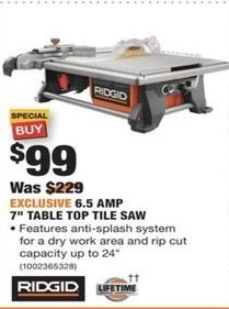 Home Depot Black Friday: Ridgid 6.5 Amp Corded 7 in. Table Top Wet Tile Saw for $99.00