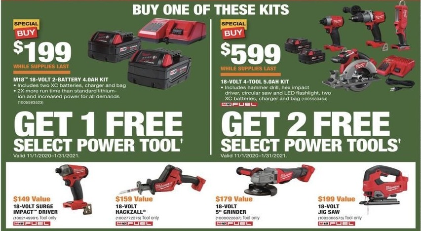 Home Depot Black Friday Milwaukee M18 18v 2 Battery 4 0ah Kit Free Select Power Tool For 199 00