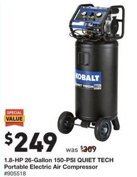Lowe S Black Friday Kobalt 1 8 Hp 26 Gallon 150 Psi Quiet Tech Portable Electric Air Compressor