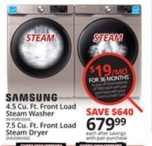 Conns Black Friday: Samsung 4.5 cu ft Front Load Steam Washer and 7.5 cu ft Front Load Steam Dryer When You Buy the Pair, Each for $679.99