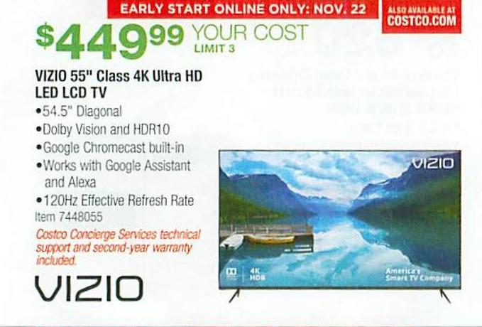 Costco Wholesale Black Friday: 55&quot; Vizio Class 4K Ultra HD LED LCD TV for $449.99 - 0