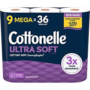 9-Count Cottonelle Mega Roll Toilet Paper: Ultra Soft 2 for .90, Ultra Clean 2 for .75 w/ S&S