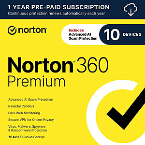 1-Year Norton 360 Premium 2026 (10 Devices, Auto-Renewal) $17 & More