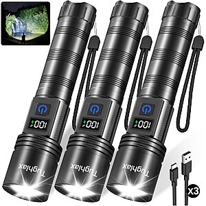 3-pk Tughlax Rechargeable LED Flashlights w/ 10000 Lumens, LCD Display & 5 Modes $15