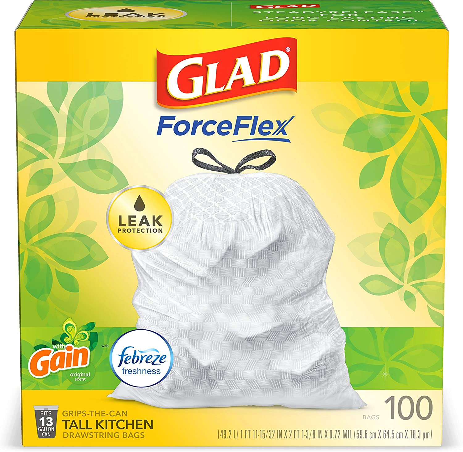 100 Ct 13 Gallon Glad Forceflex Drawstring Trash Bags Gain Original