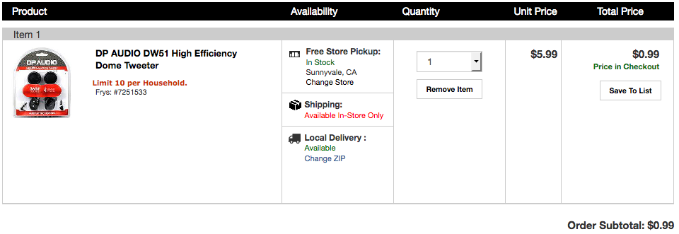 DP AUDIO DW51 High Efficiency Dome Tweeter $0.99 @ Fry's ...