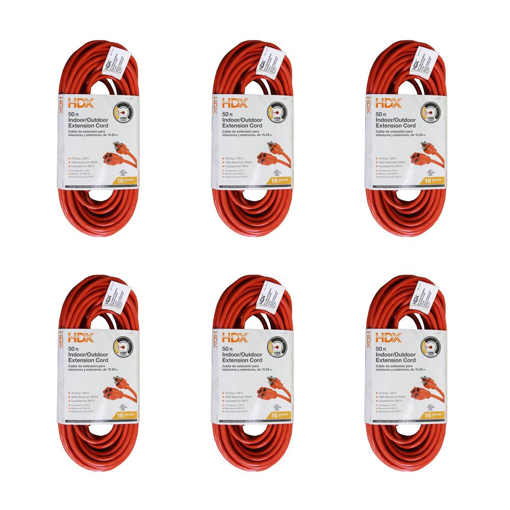 HDX 50 ft. 16/3 Light-Duty Indoor/Outdoor Extension Cord (6-Pack) $15.7
