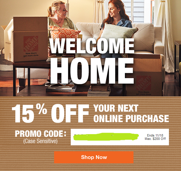 Home Depot Email 15% off online purchase coupon max $200