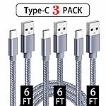 USB Type C Cable 3 Pack(6ft) Nylon Braided Fast Charger Cord Compatible Samsung Galaxy S10 S9 Note 9 8 S8 Plus,LG V30 V20 G6 G5,Google Pixel,Nintendo Switch, Macbook(Grey)-- $6.99