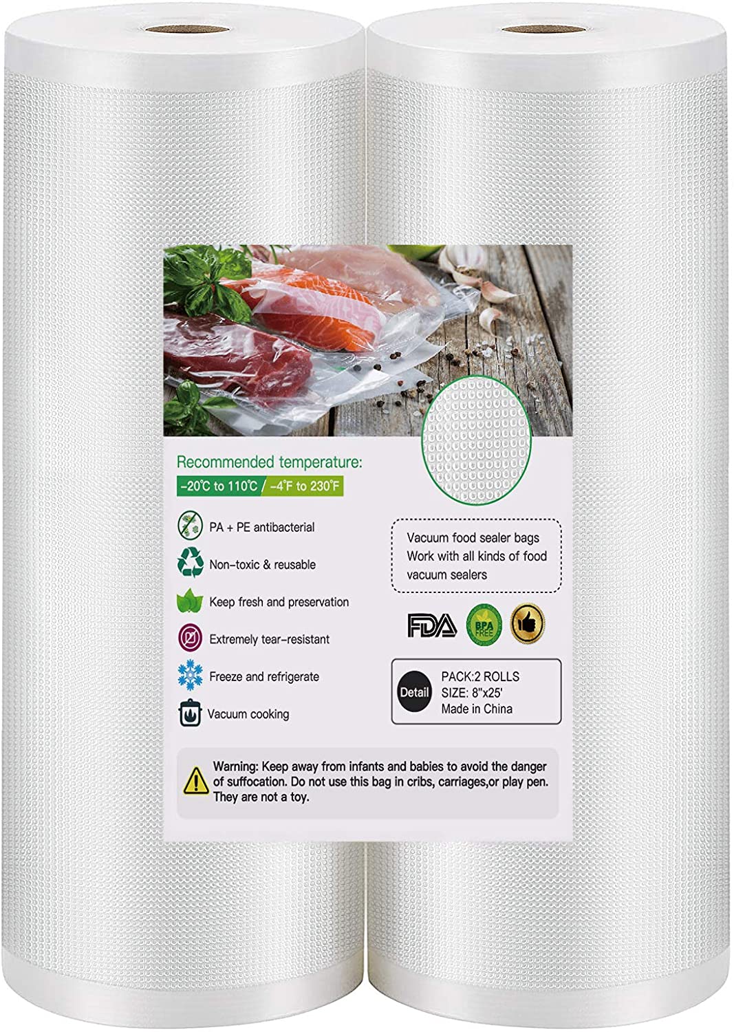 2 Pack 8" x 25' Heavy Duty Vacuum Sealer Bags for Food Saver 11.99