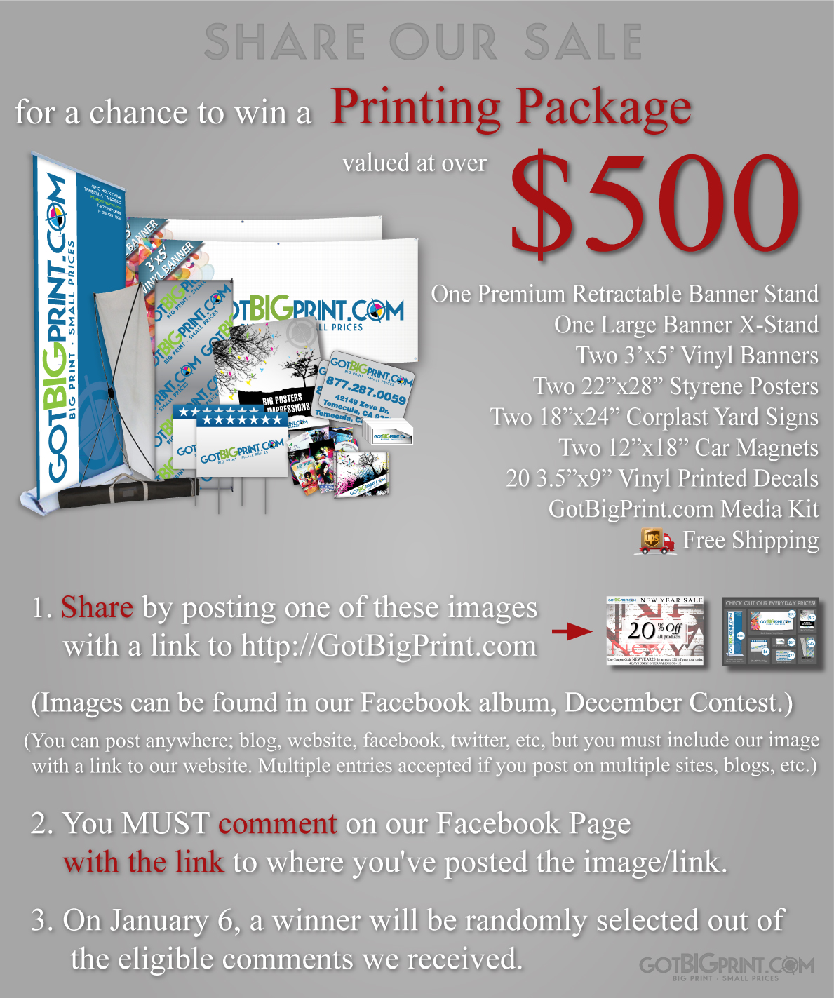 Share the sale and be entered to win a $500 Printing Package
