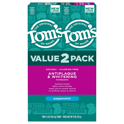 Tom's of Maine Natural Toothpaste, Fluoride Free, Antiplaque & Whitening, Peppermint, 5.5 oz. 2-Pack $8.48