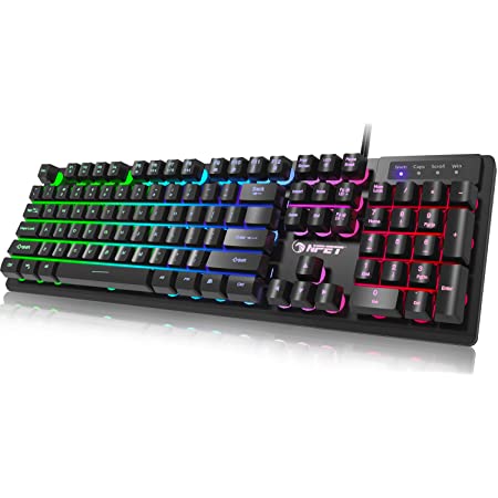 NPET K10 Gaming Keyboard USB Wired Floating Keyboard, Quiet Ergonomic Water-Resistant Mechanical Feeling Keyboard, Ultra-Slim Rainbow LED Backlit Keyboard $12.83