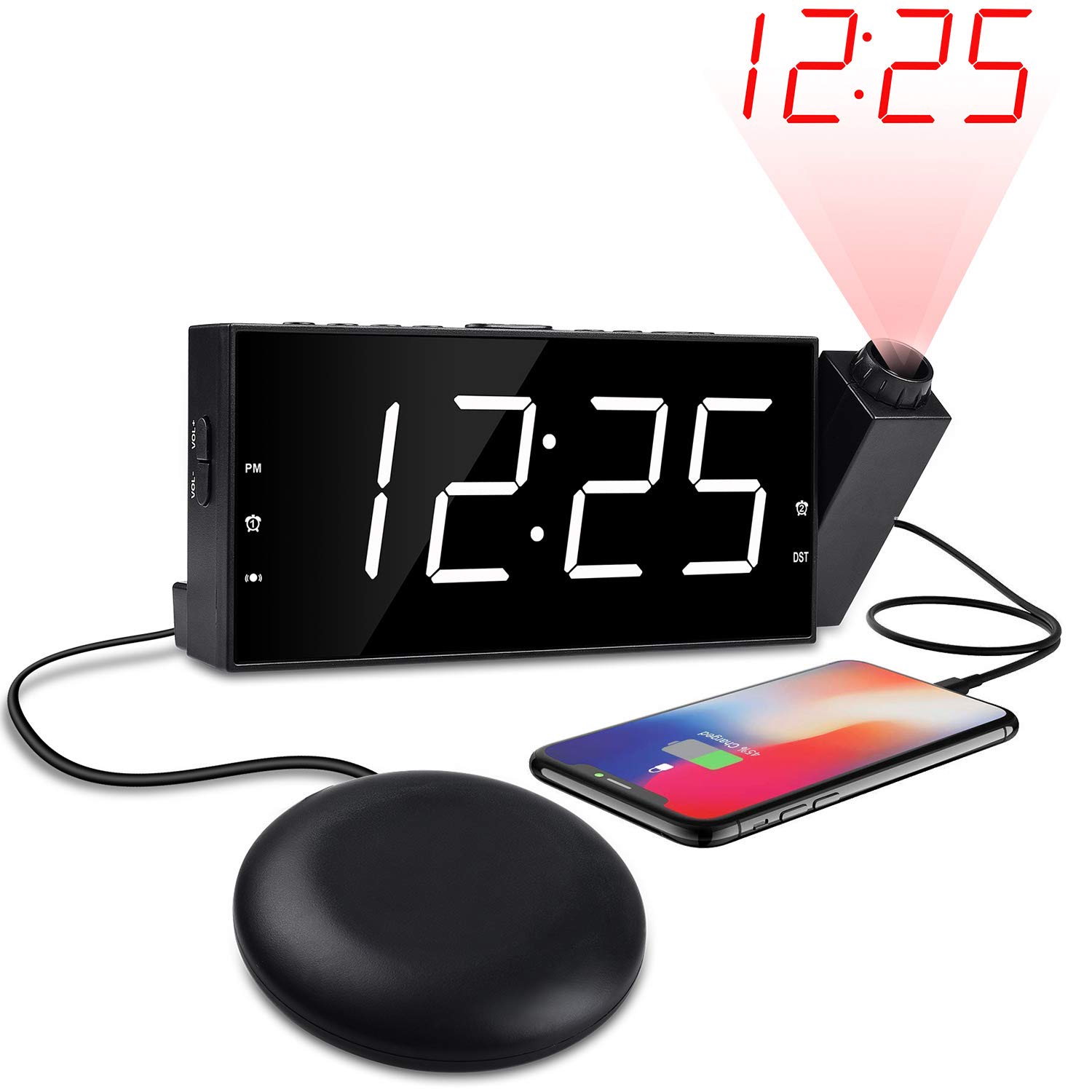 Projection Alarm Cloc for Bedrooms, Dual Loud Alarm Clock with Bed Shaker for Heavy Sleepers $22.55