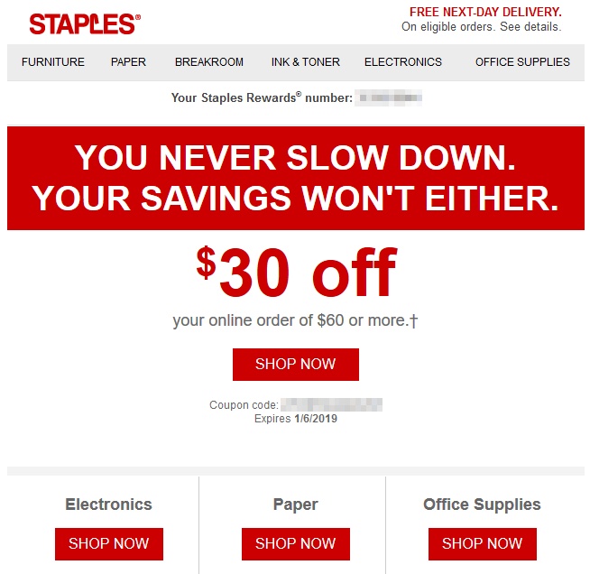 Staples - 30 off 60, Check Email: EXTREMELY YMMV - Slickdeals.net