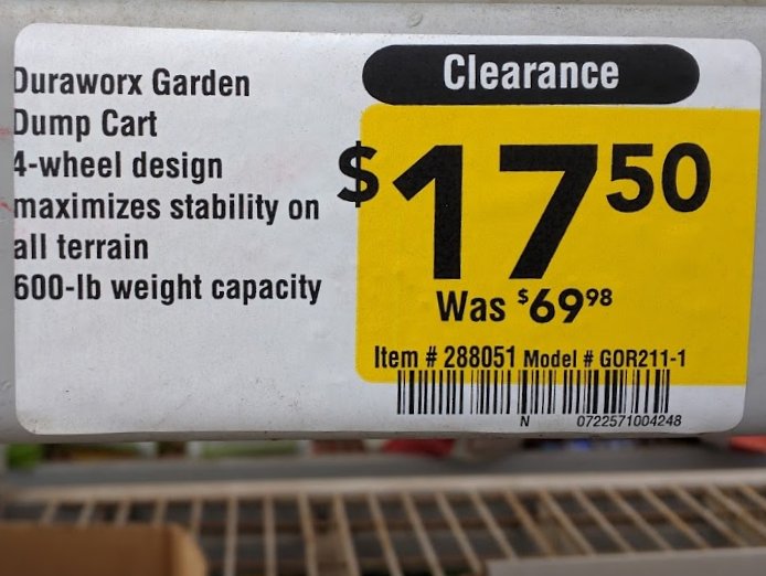 Duraworx Dump cart 600lb capacity, On clearance at Lowes BM, YMMV 17.