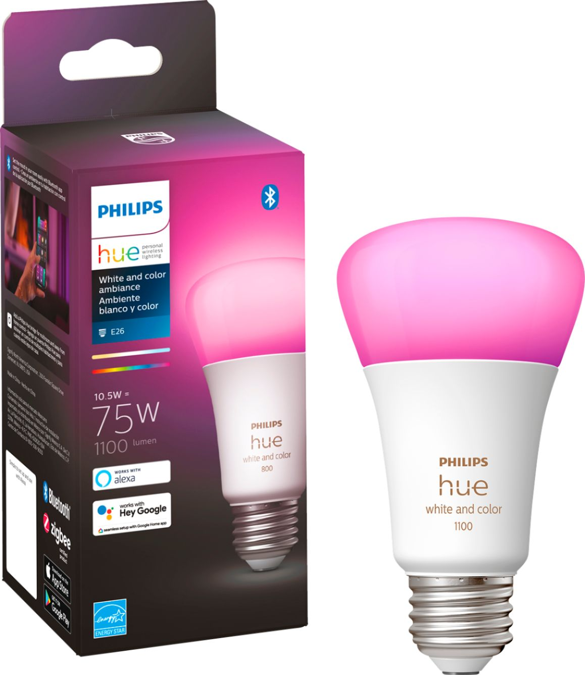 Philips Hue White and Color Ambiance A19 Bluetooth 75W Smart LED Bulb 563254 - Best Buy $34.99
