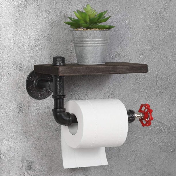 Industrial Metal Wall Mounted Toilet Paper Holder with Wood Shelf $13.24