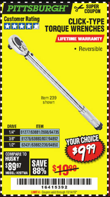 Harbor Freight Pittsburgh Multi Sized Drive Click Type Torque Wrench 9 99