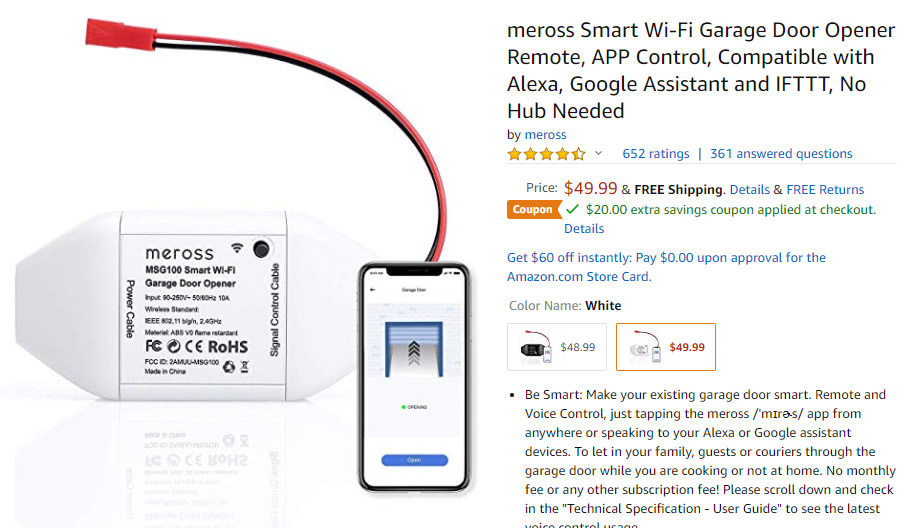 Meross Smart Wi Fi Garage Door Opener 50 20 Off Coupon 30