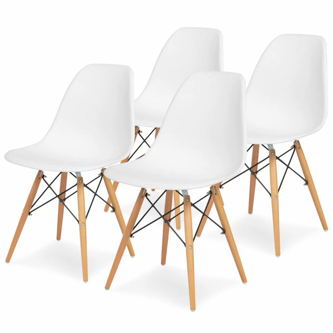 Set of 4 Mid Century Modern Dining Chairs (White w/ Natural Wood Legs