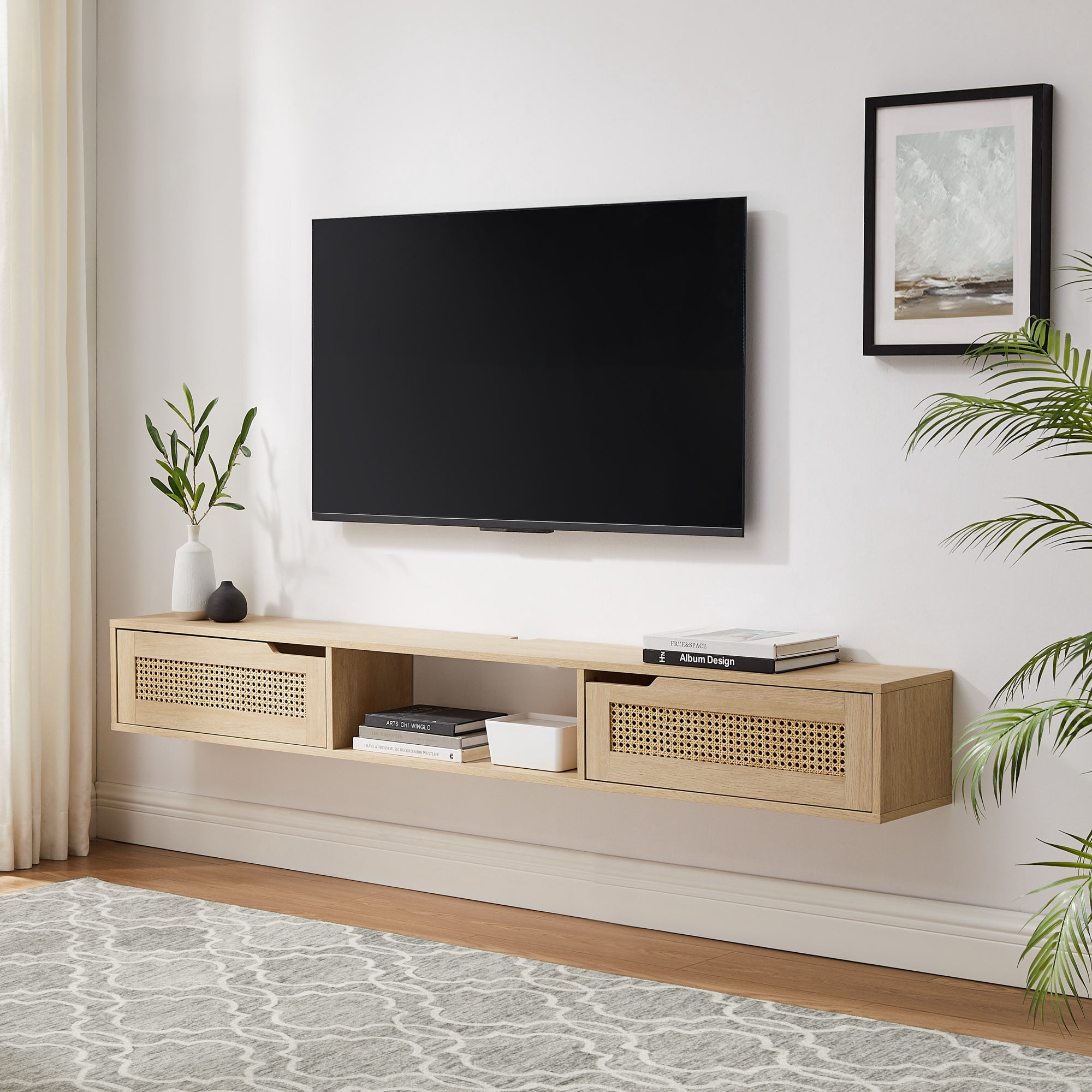 70" Manor Park Modern Rattan-Door Floating Wall Mounted TV Stand for TVs up to 80” (Coastal Oak or Black) $88.62 + Free Shipping