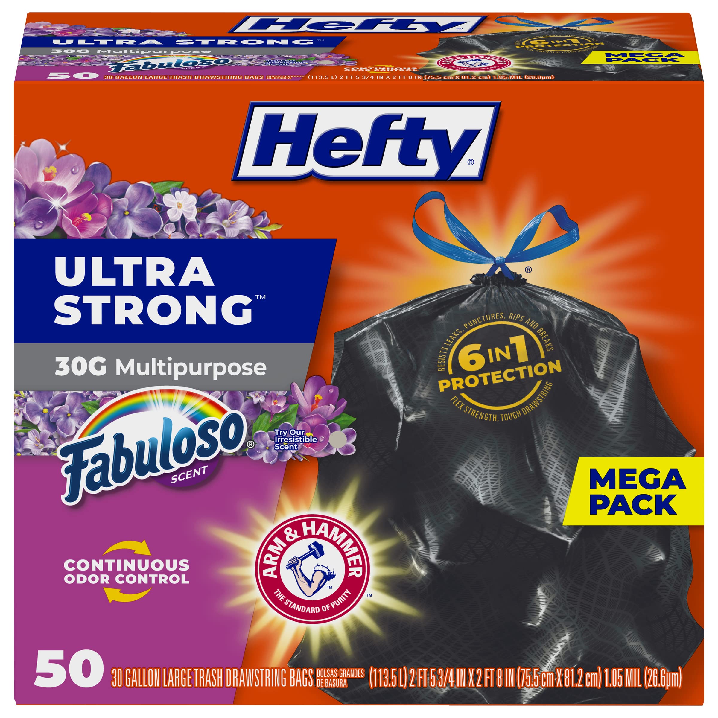 50-Count 30-Gallon Hefty Ultra Strong Multipurpose Large Trash Bag (Black, Fabuloso Scent) $11.95 w/ S&S + Free Shipping w/ Prime or on $35+