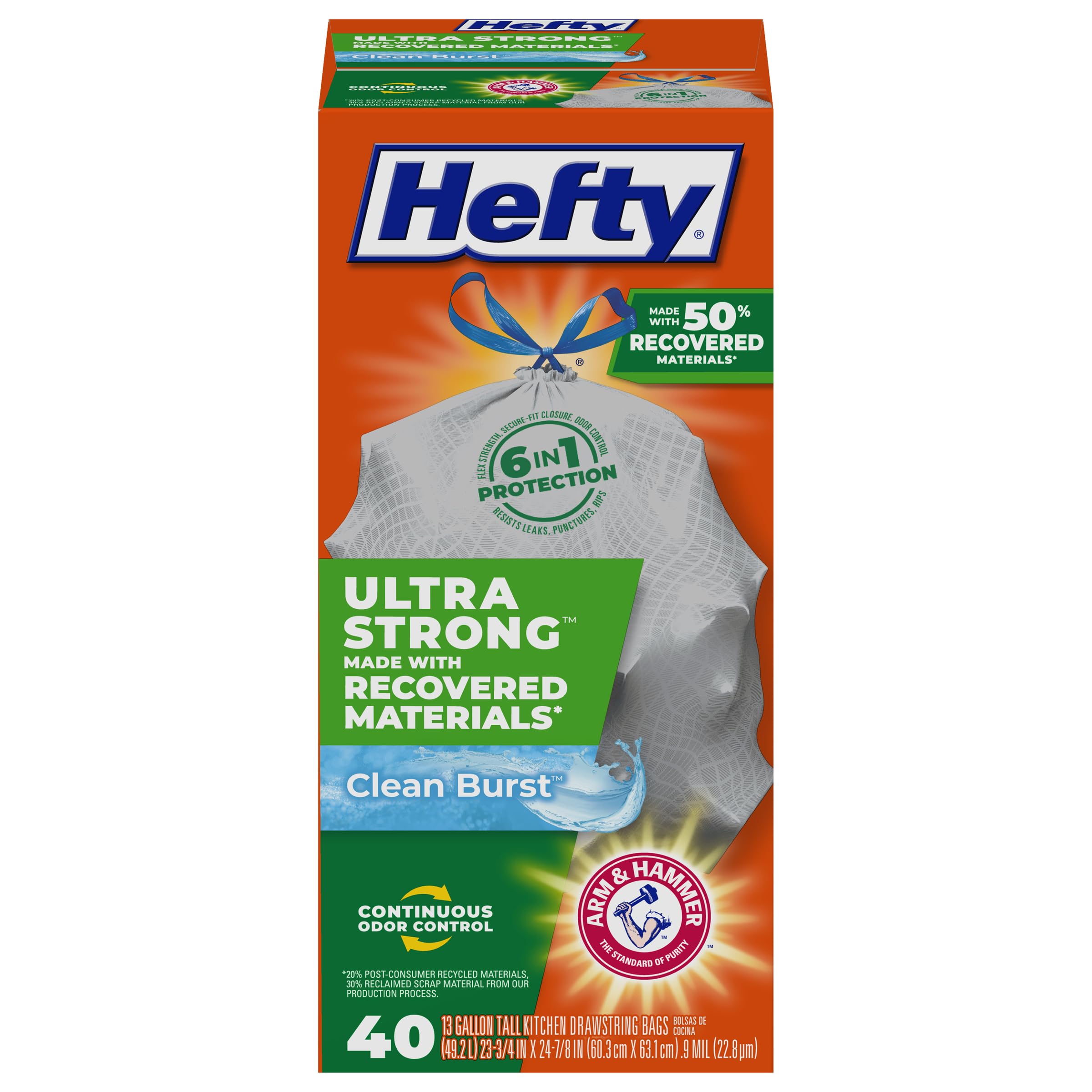 40-Count 13-Gallon Hefty Ultra Strong Renew Tall Kitchen Trash Bags (White, Clean Burst Scent) $7.88 w/ S&S + Free Shipping w/ Prime or on $35+