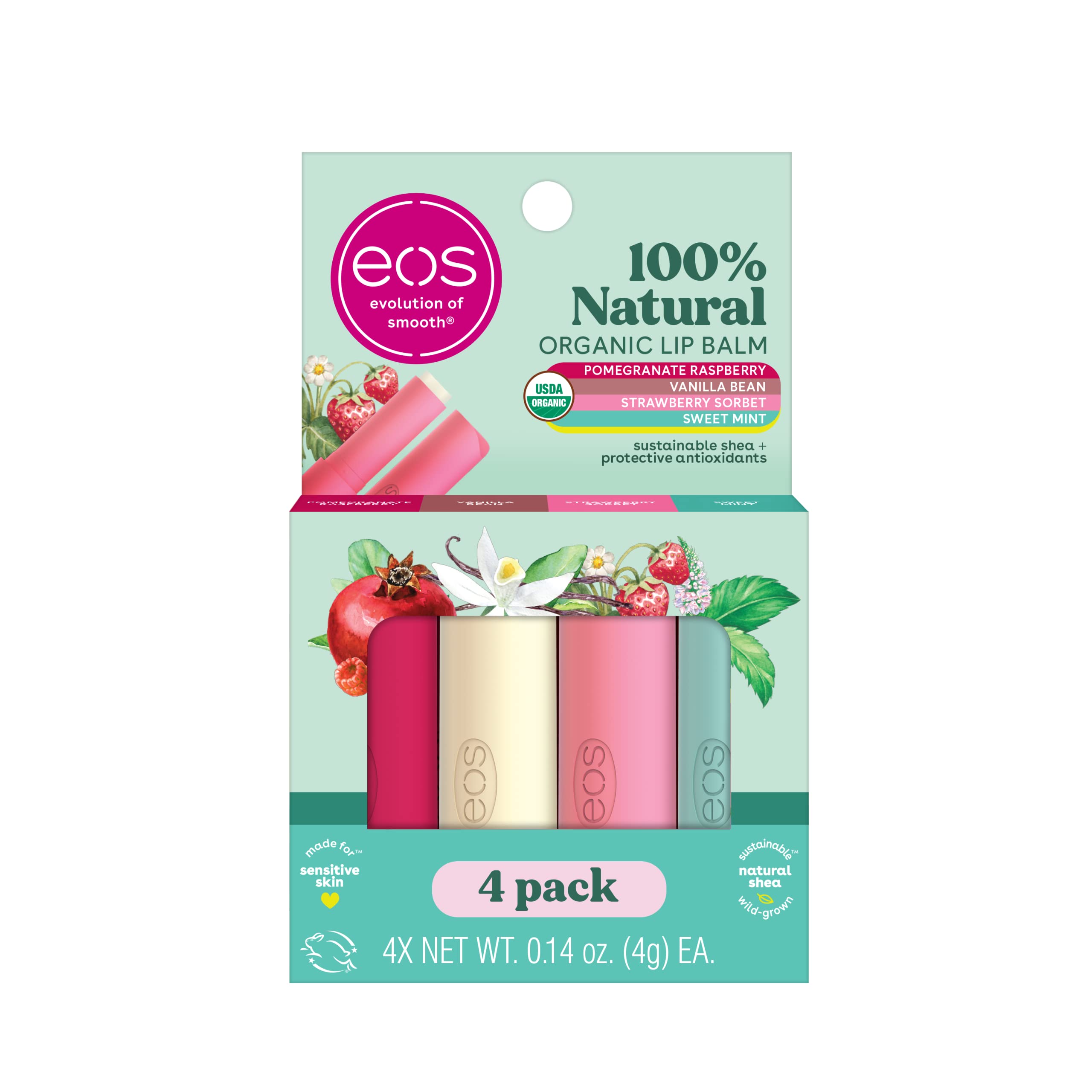 4-Pack .14-Oz eos 100% Natural & Organic Lip Balm Sticks (Vanilla, Mint, Pomegranate & Strawberry) $6.85 ($1.72 Ea) w/ S&S + Free Shipping w/ Prime or on $35+
