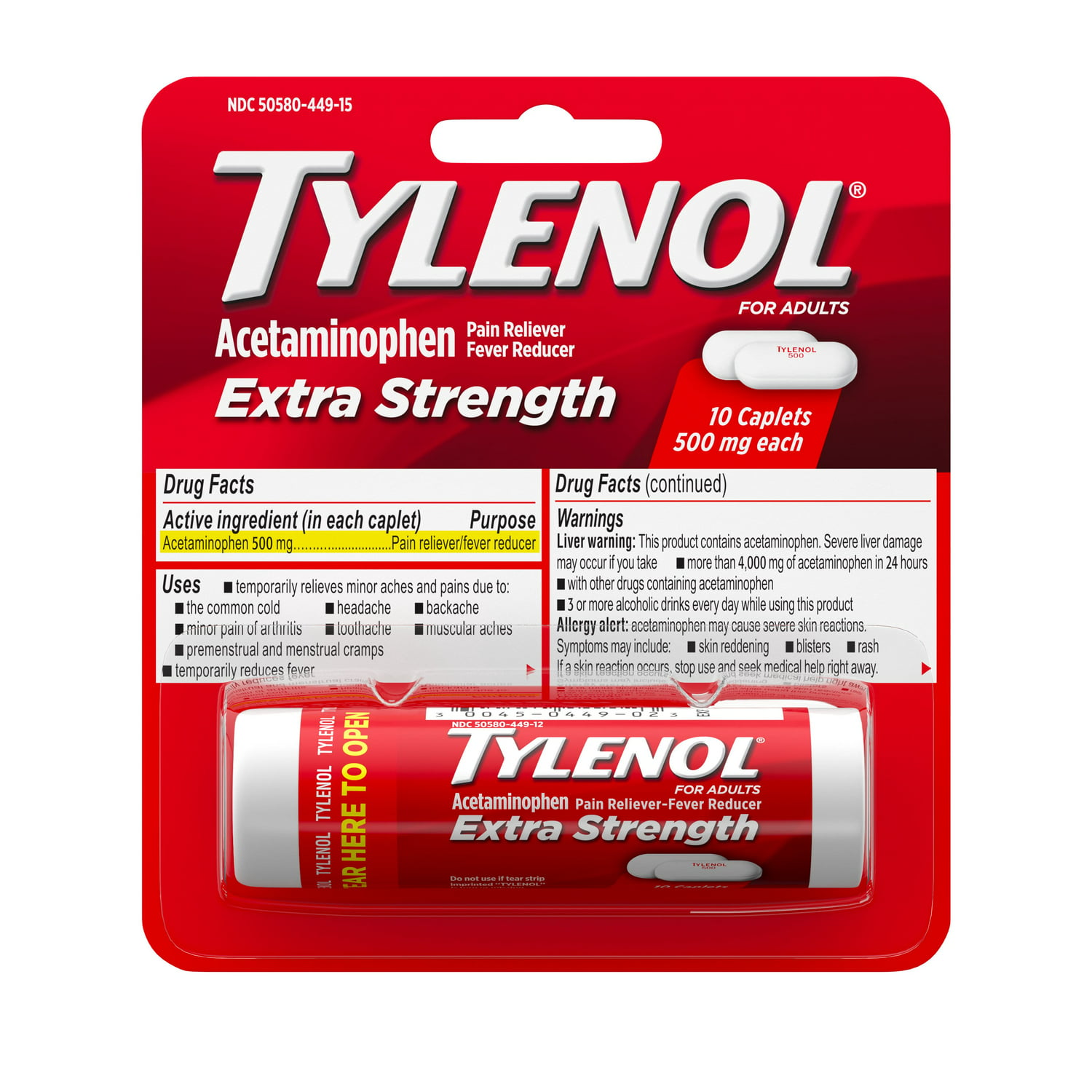 10-Count Travel Size Tylenol Extra Strength Caplets w/ 500 mg Acetaminophen + $2 Walmart Cash $2 + Free S&H w/ Walmart+ or $35+