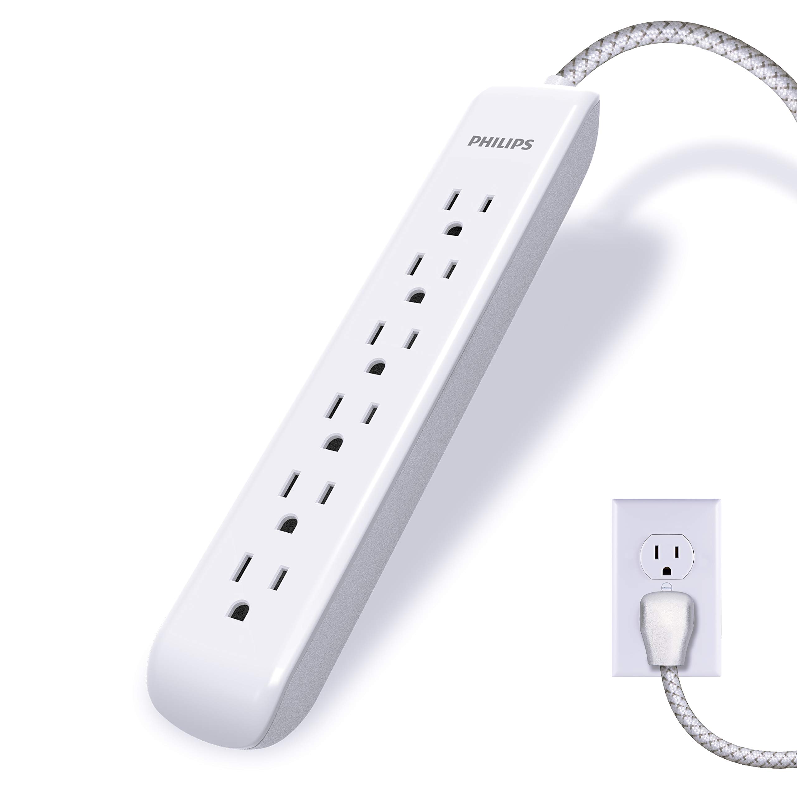 4' Philips 6 Outlet Surge Protector Power Strip w/ Designer Braided Power Cord & Flat Plug Extension (White) $7 + Free Shipping w/ Prime or on $35+