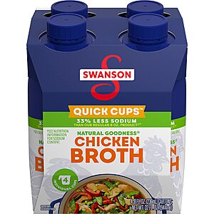 4-Pack 8-Oz Swanson 33% Less Sodium Chicken Broth Quick Cups $  3.85 (.96c Ea) w/ S&S + Free Shipping w/ Prime or on $  35+