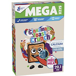 29.1-Oz Original Cinnamon Toast Crunch Breakfast Cereal or Lucky Charms Gluten Free Cereal w/ Marshmallows (Mega Size) $  4.48 w/ S&S + Free Shipping w/ Prime or on $  35+