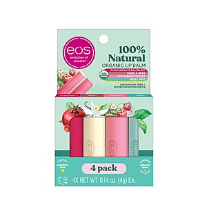 4-Pack .14-Oz eos 100% Natural & Organic Lip Balm Sticks (Vanilla, Mint, Pomegranate & Strawberry)