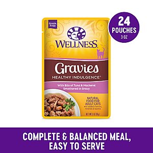 48-Count 3-Oz Wellness Healthy Indulgence Gravies Grain-Free Wet Cat Food (Tuna & Mackeral in Gravy) $  34.50 (72c Ea) w/ S&S + Free Shipping