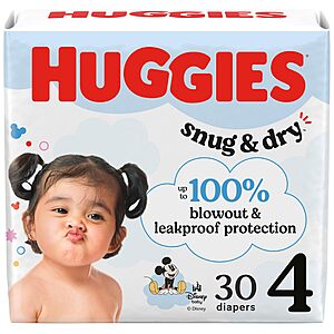 30-Count Huggies Snug & Dry Baby Diapers Size 4 (22-37 lbs) $6.99 + Free Shipping w/ Prime or on $35+