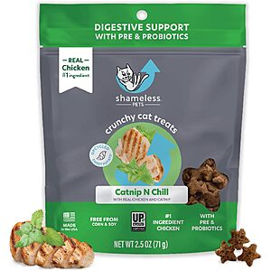 2.5-Oz Shameless Pets Digestive Health Catnip Chicken Crunchy Cat Treats $1.99 w/ S&S + Free Shipping w/ Prime or on $35+