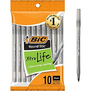 10-Count BIC Round Stic Xtra Life Medium Point Ballpoint Pen (1.0mm, Black) $0.94 w/ S&S + Free Shipping w/ Prime or on $35+