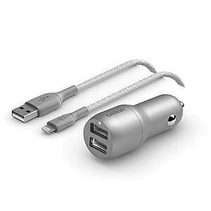 Belkin BOOSTCHARGE 24W Dual USB-A Car Charger w/ Braided Lightning Cable $5 + Free Pickup