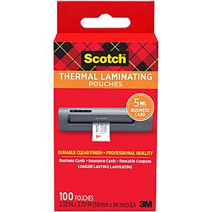 100-Pk Scotch 2.3" x 3.7" Business Card Thermal Laminating Pouches