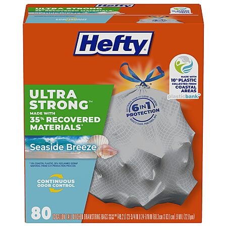 80-Count Hefty Ultra Strong 13-Gallon Trash Bags (Gray, Seaside Breeze Scent) $10.87 w/ S&S + Free Shipping w/ Prime or on $35+