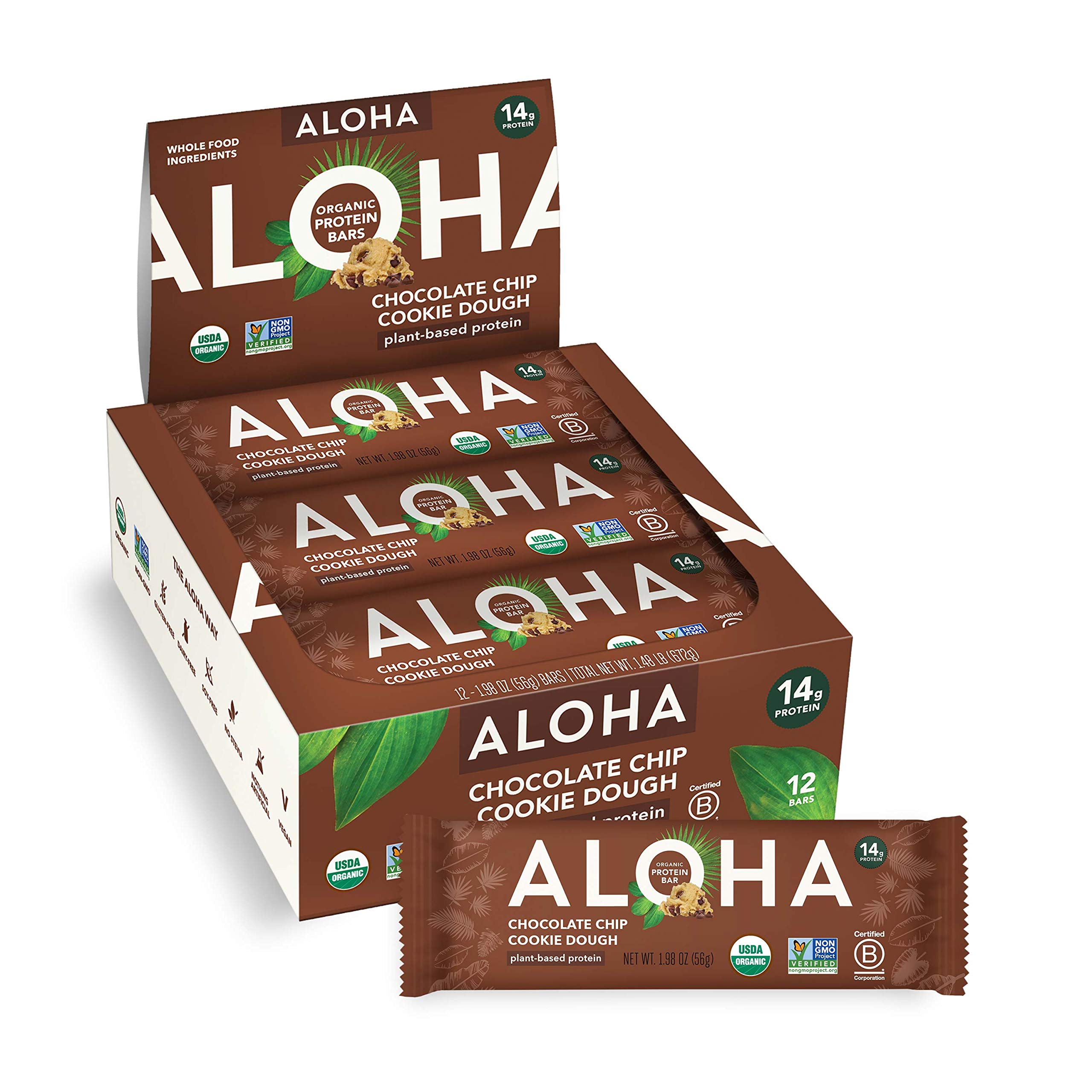 ALOHA Organic Plant Based Protein 1.9oz Bars Chocolate Chip Cookie Dough 12 Count Vegan Snacks Low Sugar Gluten-Free,Low Carb,Paleo,Non-GMO,Stevia-Free~$17.09 With S&S @ Amazon